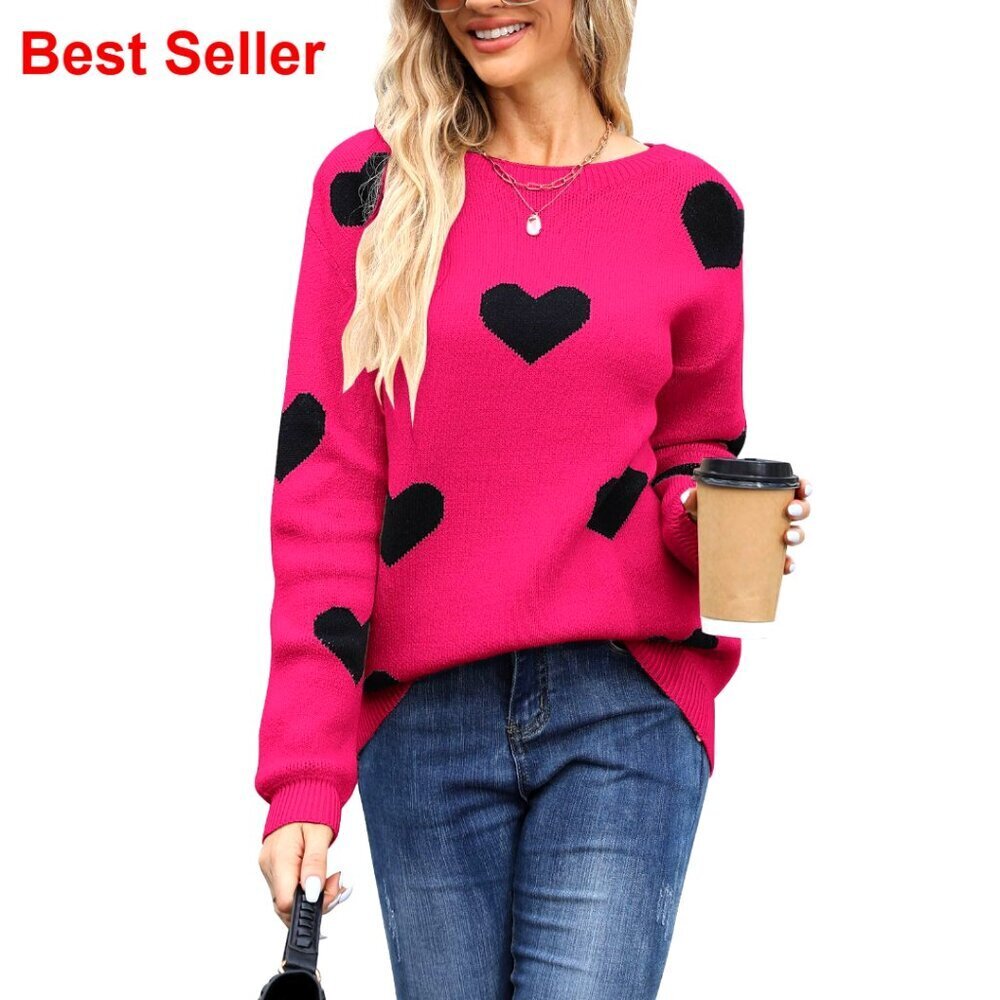 Long Sleeve Crew Neck Pullover Sweater with Heart Pattern, Acrylic Knit